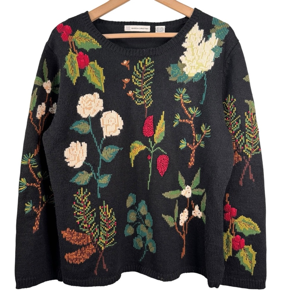 SOLD Marisa Christina VTG Linen Blend Embroidered Floral Sweater XL Black Multi - Picture 1 of 5